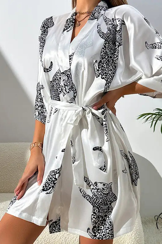 White button-up casual cardigan nightgown with black leopard print