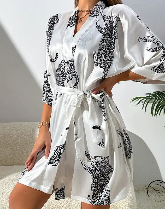 White button-up casual cardigan nightgown with black leopard print