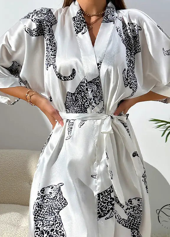 White casual cardigan nightgown with black leopard print and kimono sleeves