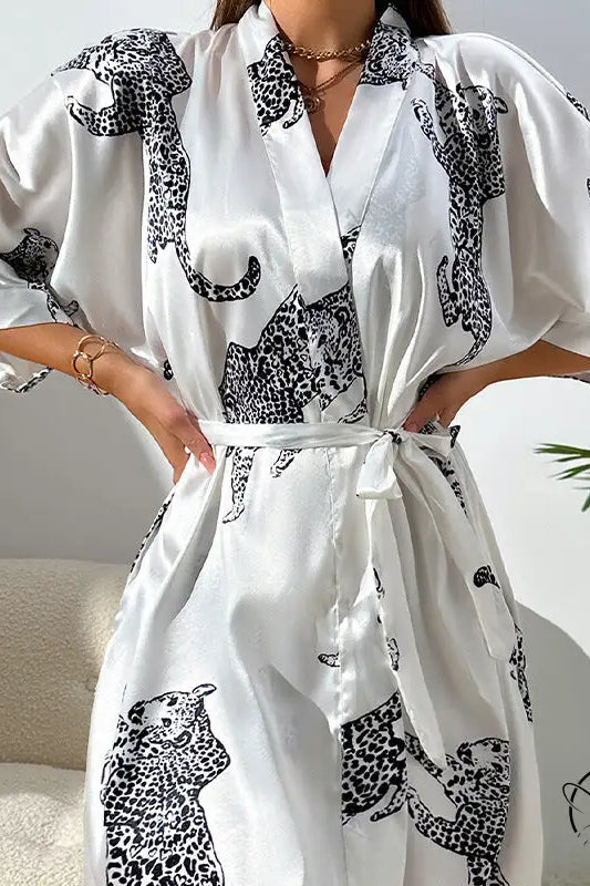 White casual cardigan nightgown with black leopard print and kimono sleeves