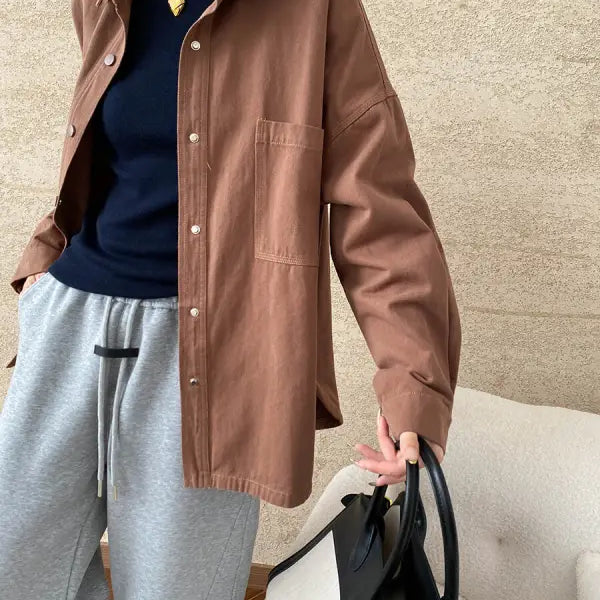 Brown button-down shirt in casual office cotton jacket from Langry fashion ملابس