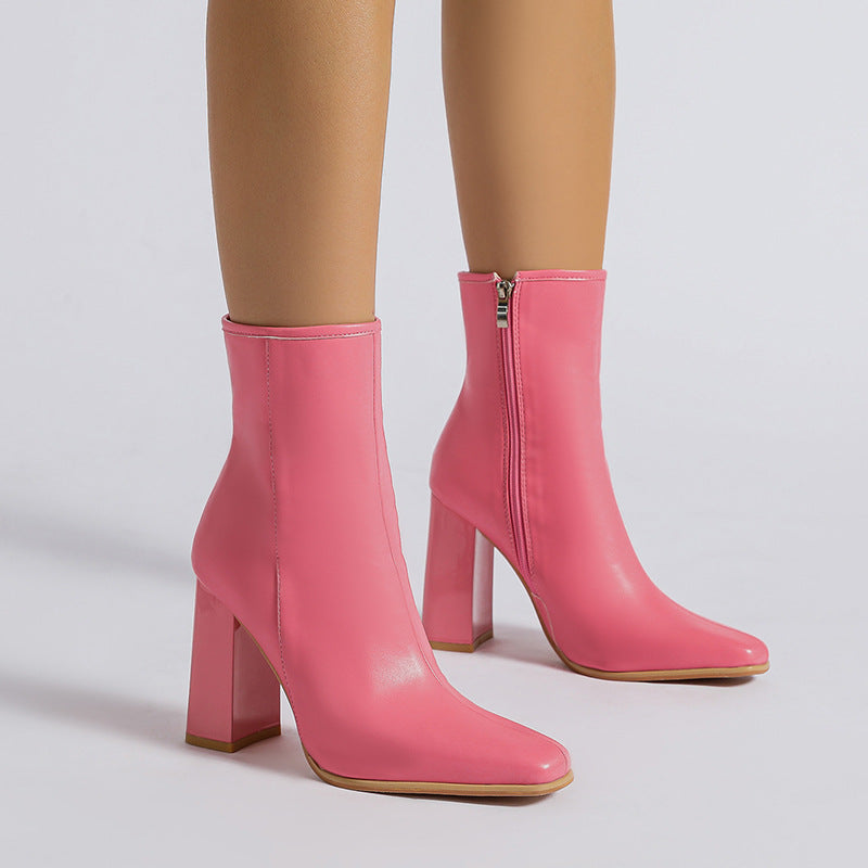 Pink square-toe heeled ankle boots from the Winter Fruit collection, ideal for trendy ملابس