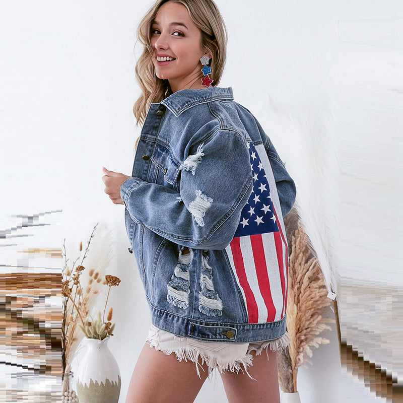 Distressed denim jacket featuring American flag design for stylish fashion ملابس