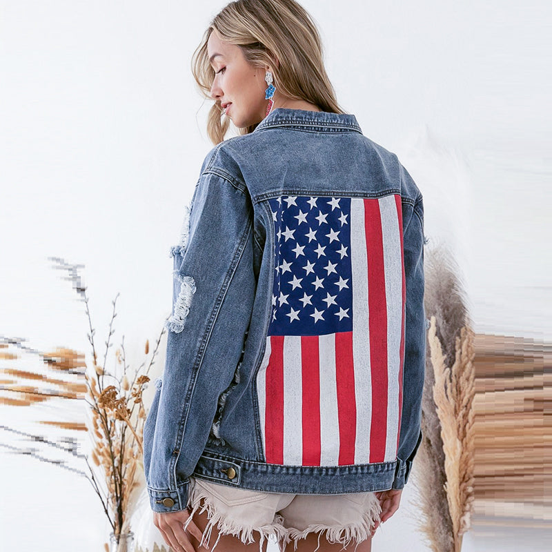 Ripped Denim Coat featuring American flag design for stylish and trendy fashion ملابس
