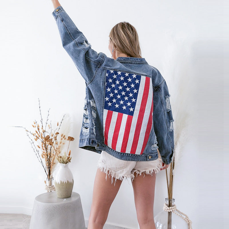 Distressed denim jacket with American flag, a trendy addition to any fashion ملابس collection