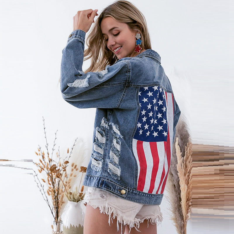 Distressed denim jacket with American flag, perfect for Langry fashion and ملابس enthusiasts