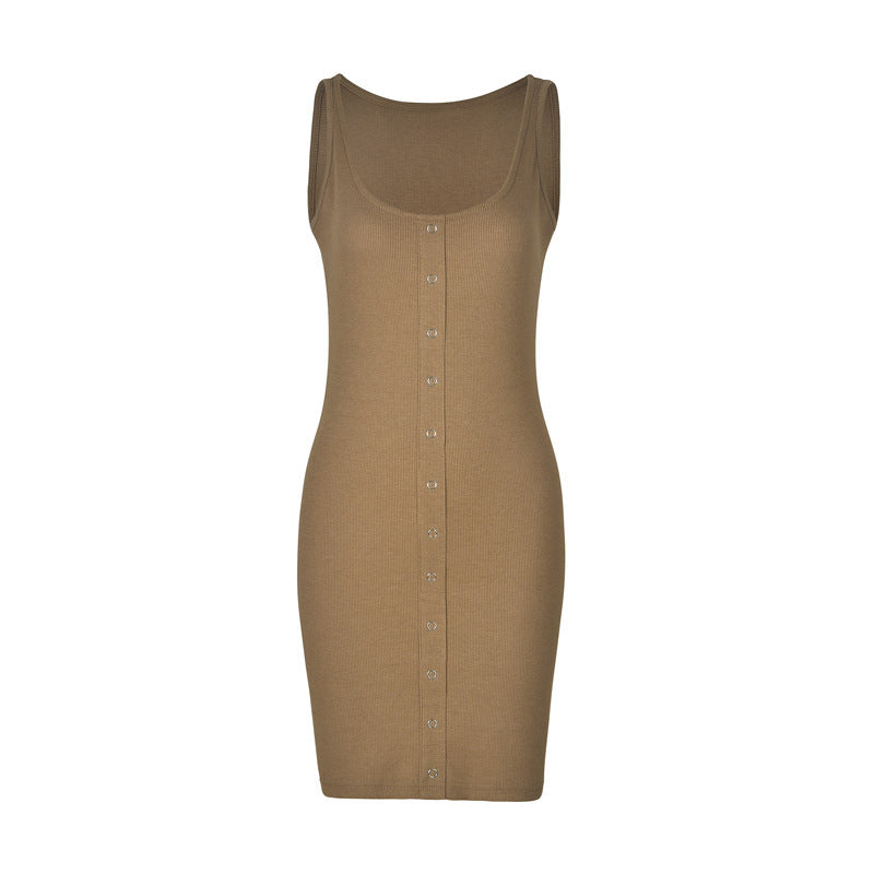 Tan sleeveless button-front dress from Comfy Sunken Stripe Dress, ideal for modern fashion styles