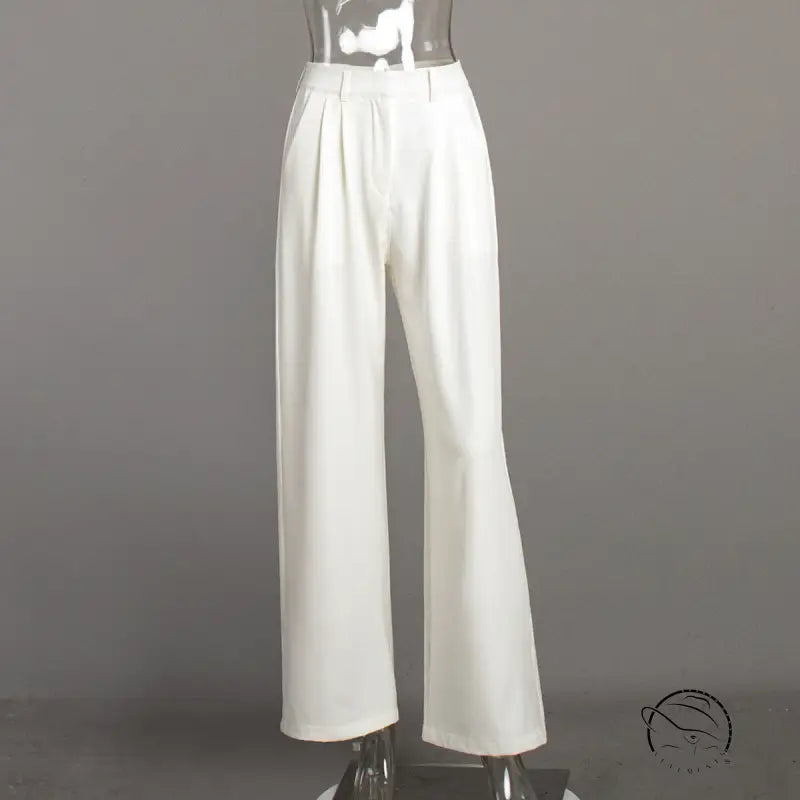 Pure white office high-waisted wide-leg pants with front pleats