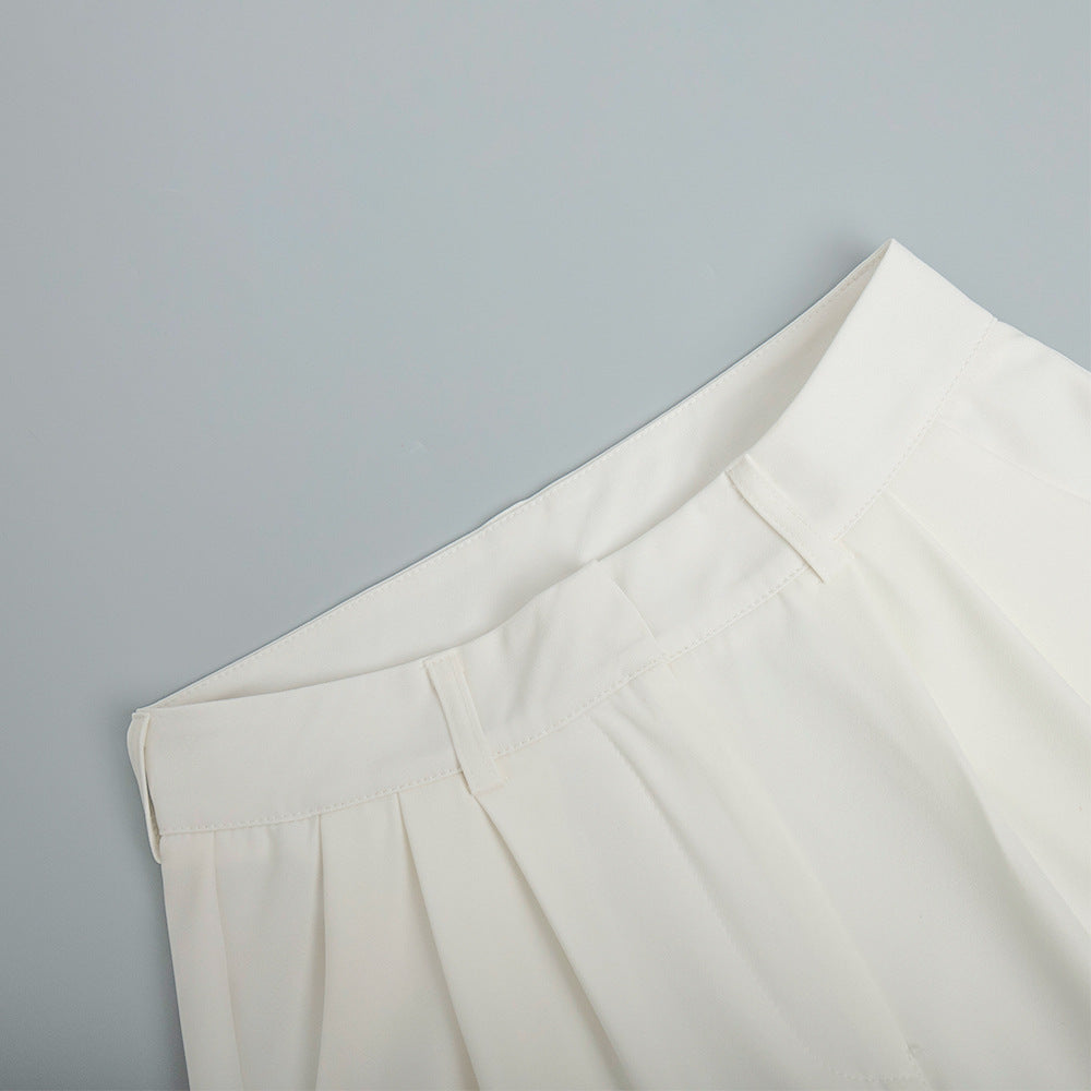 Pure white office high-waisted pleated shorts for professional and stylish wear