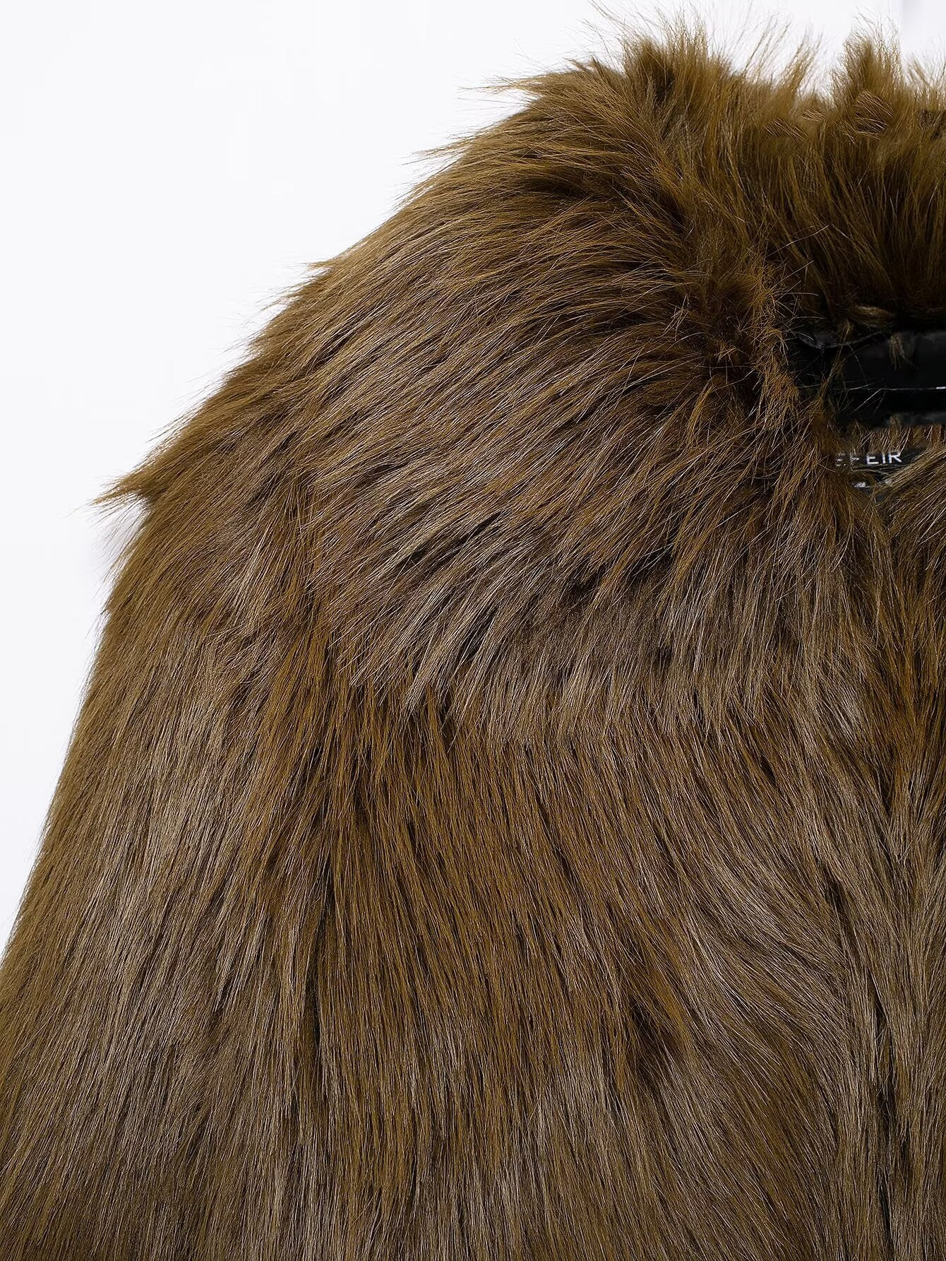 Faux fur Langry fashion short jacket featuring a fluffy brown faux fur garment