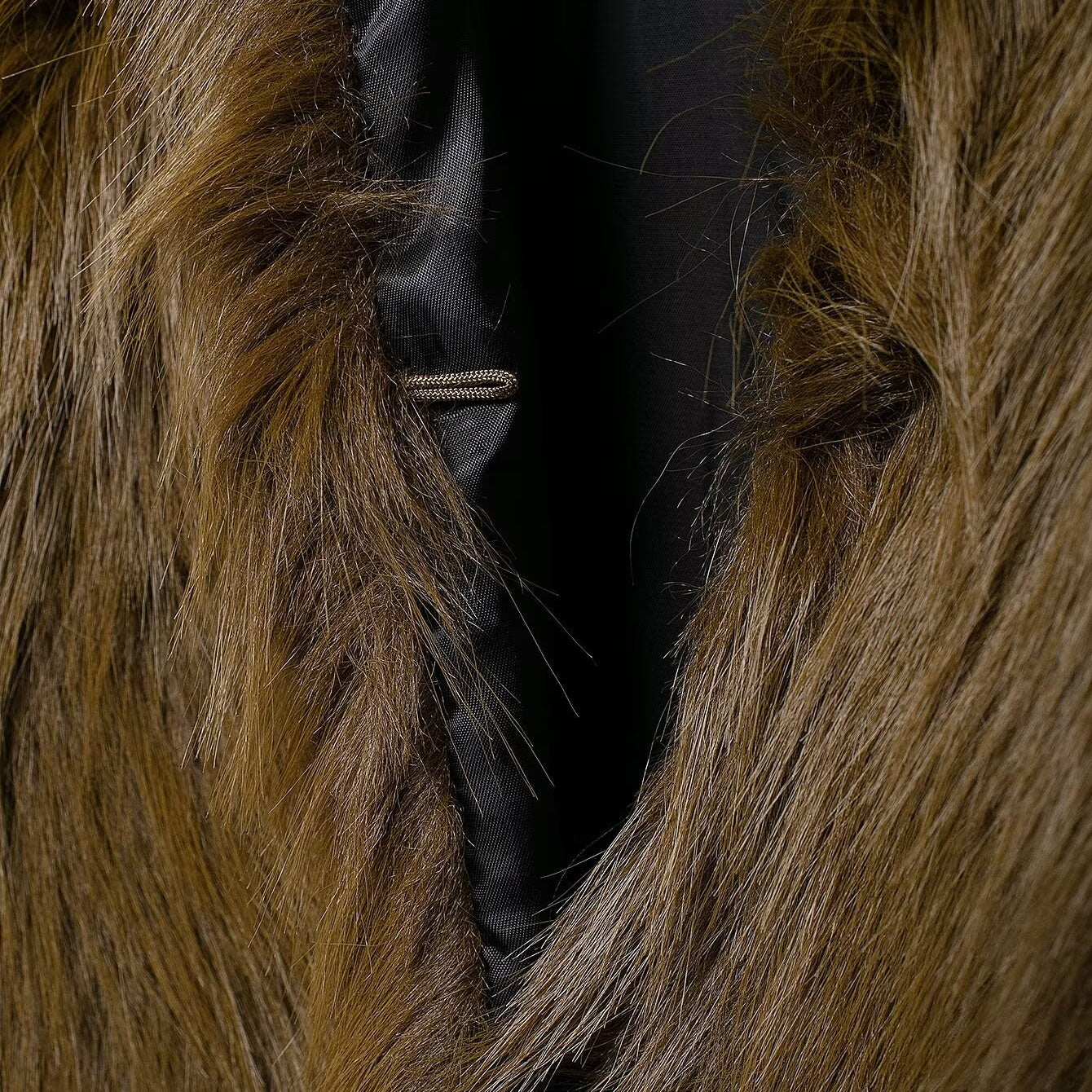 Fur Effect Short Jacket in brown faux fur with button and loop closure for stylish fashion