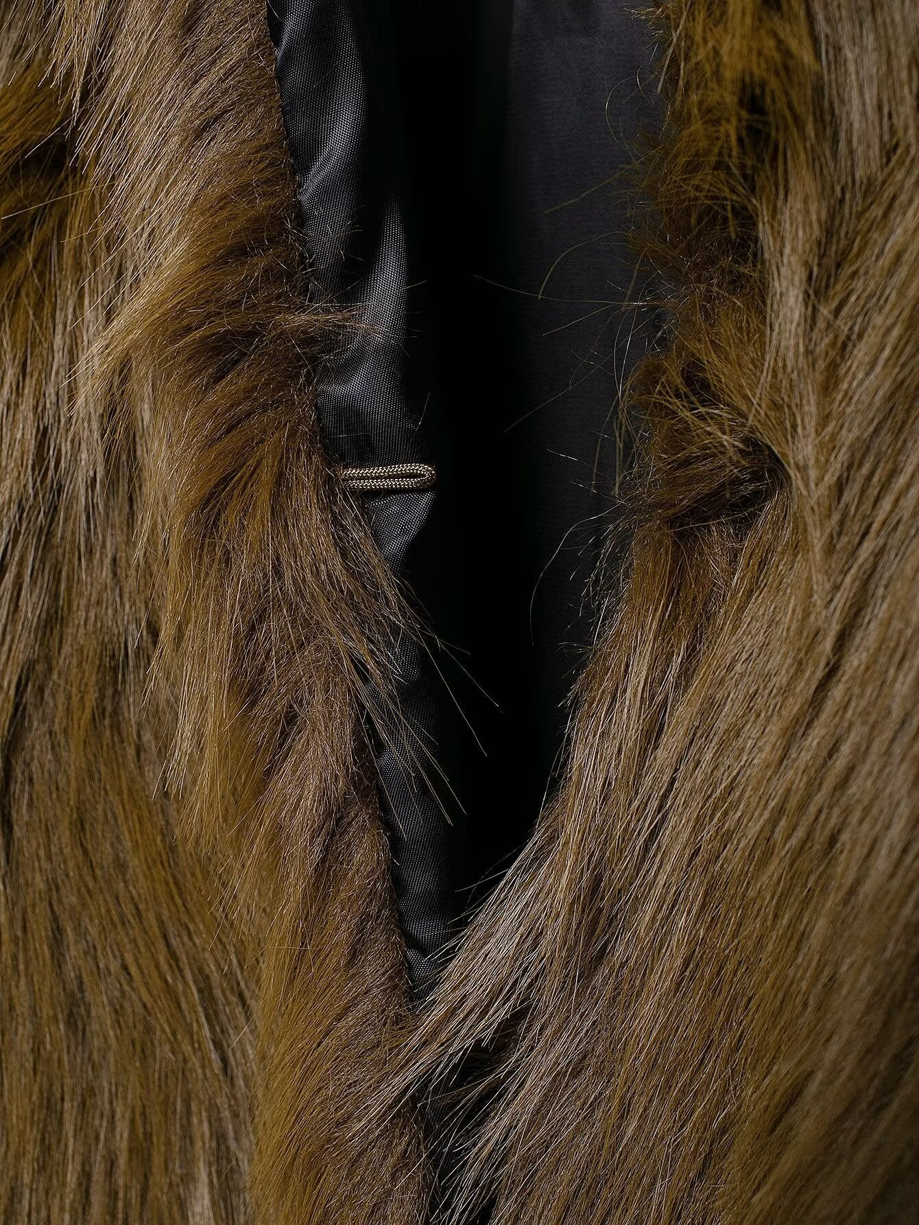 Fur Effect Short Jacket in brown faux fur with button and loop closure for stylish fashion