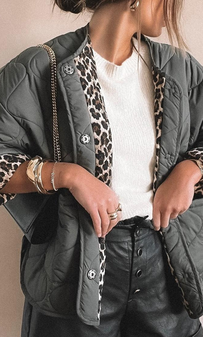Quilted gray jacket with leopard print lining from All Match Leopard Print Cotton Coat