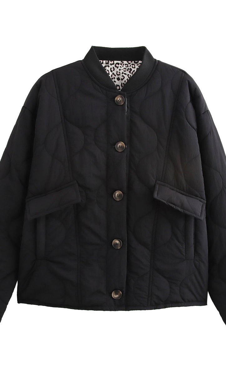 Black quilted jacket with pockets from All Match Leopard Print Cotton Coat for fashion enthusiasts