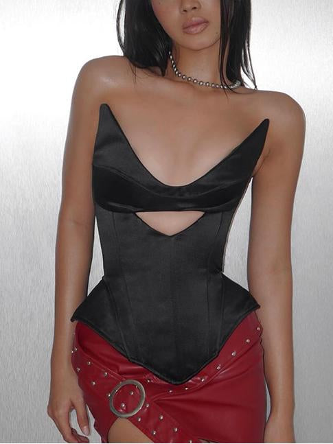 Black satin backless boning corset top from the Backless Boning Corset collection