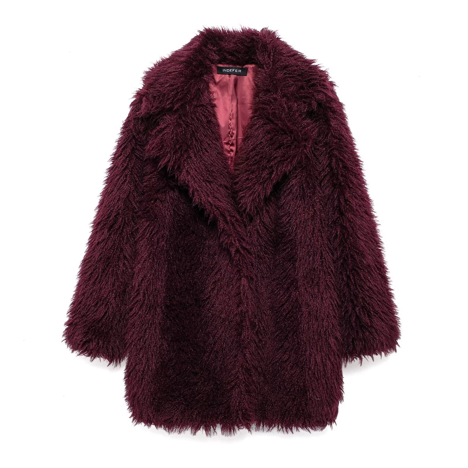 Faux fur effect mid length coat with long sleeves and wide collar in dark red fashion