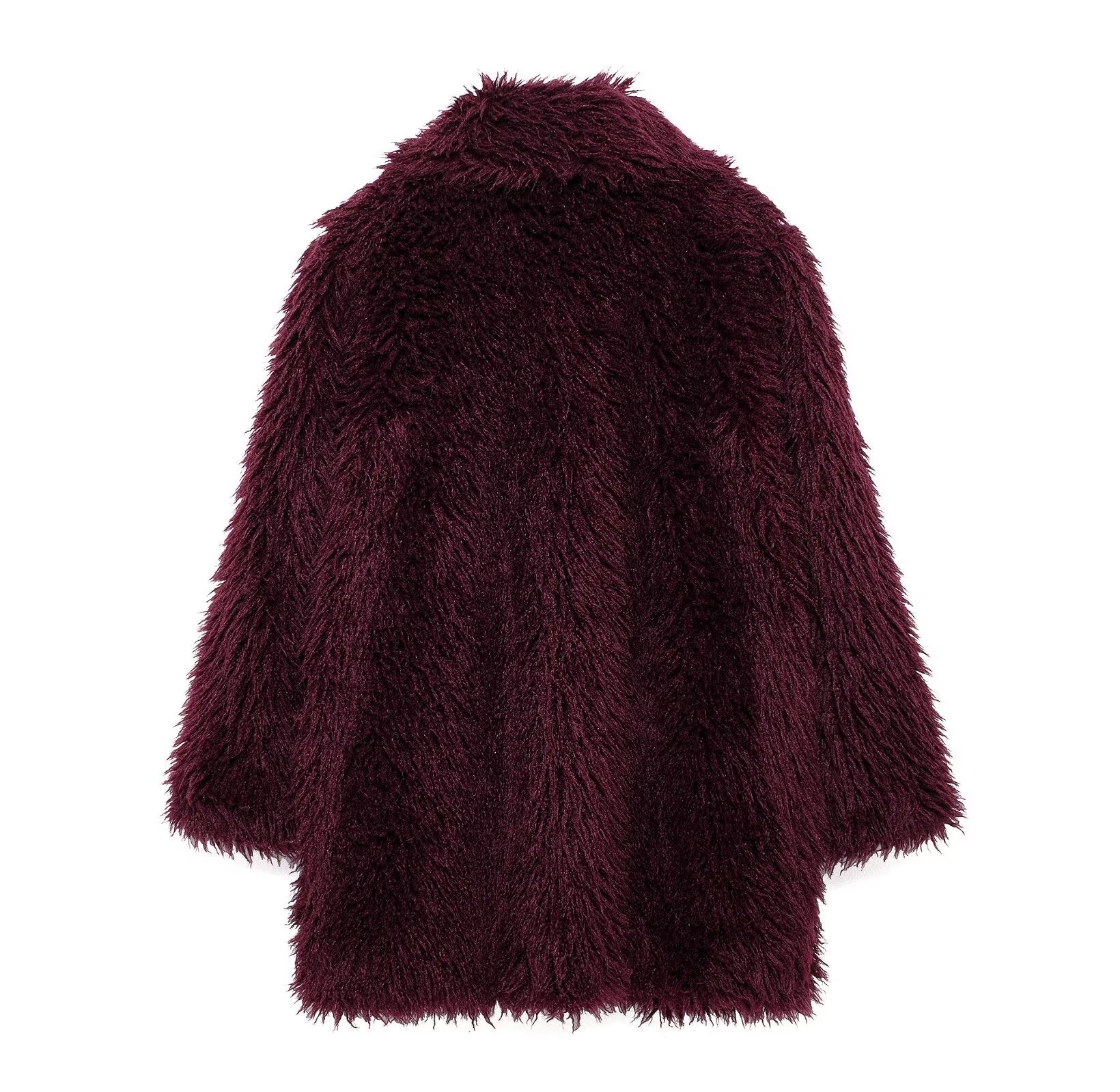 Maroon faux fur coat with wide collar showcasing luxury fashion and langry style
