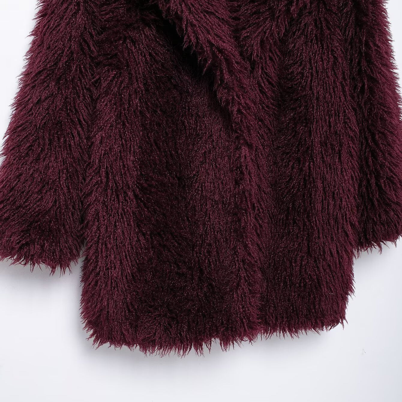 Burgundy faux fur coat with wide collar, stylish Langry fashion Faux Fur Effect Mid Length Coat