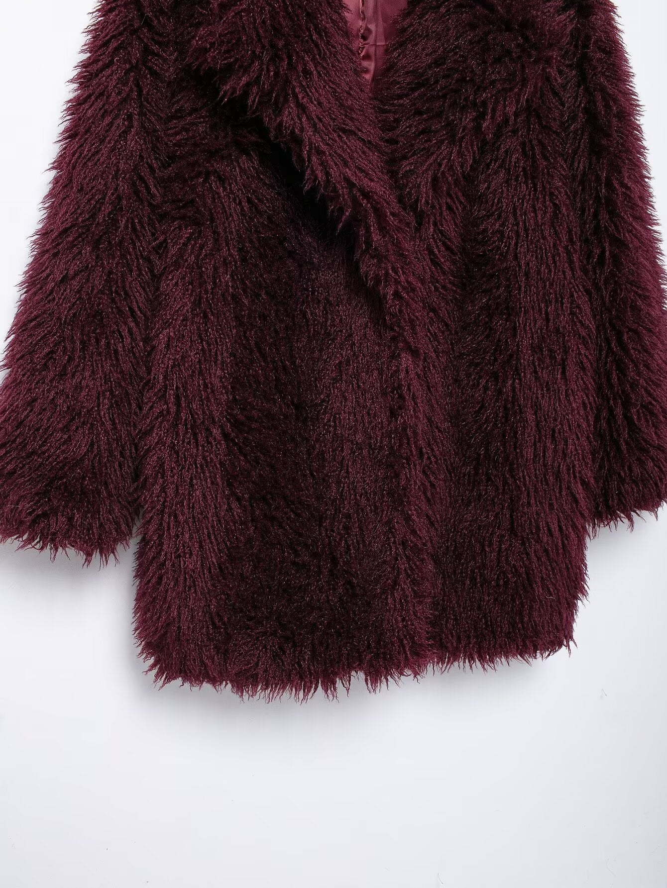 Burgundy faux fur coat with wide collar, stylish Langry fashion Faux Fur Effect Mid Length Coat