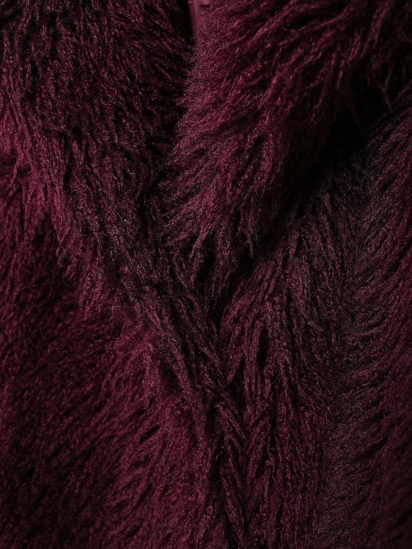 Textured dark red faux fur fabric from the Faux Fur Effect Mid Length Coat, perfect for fashion