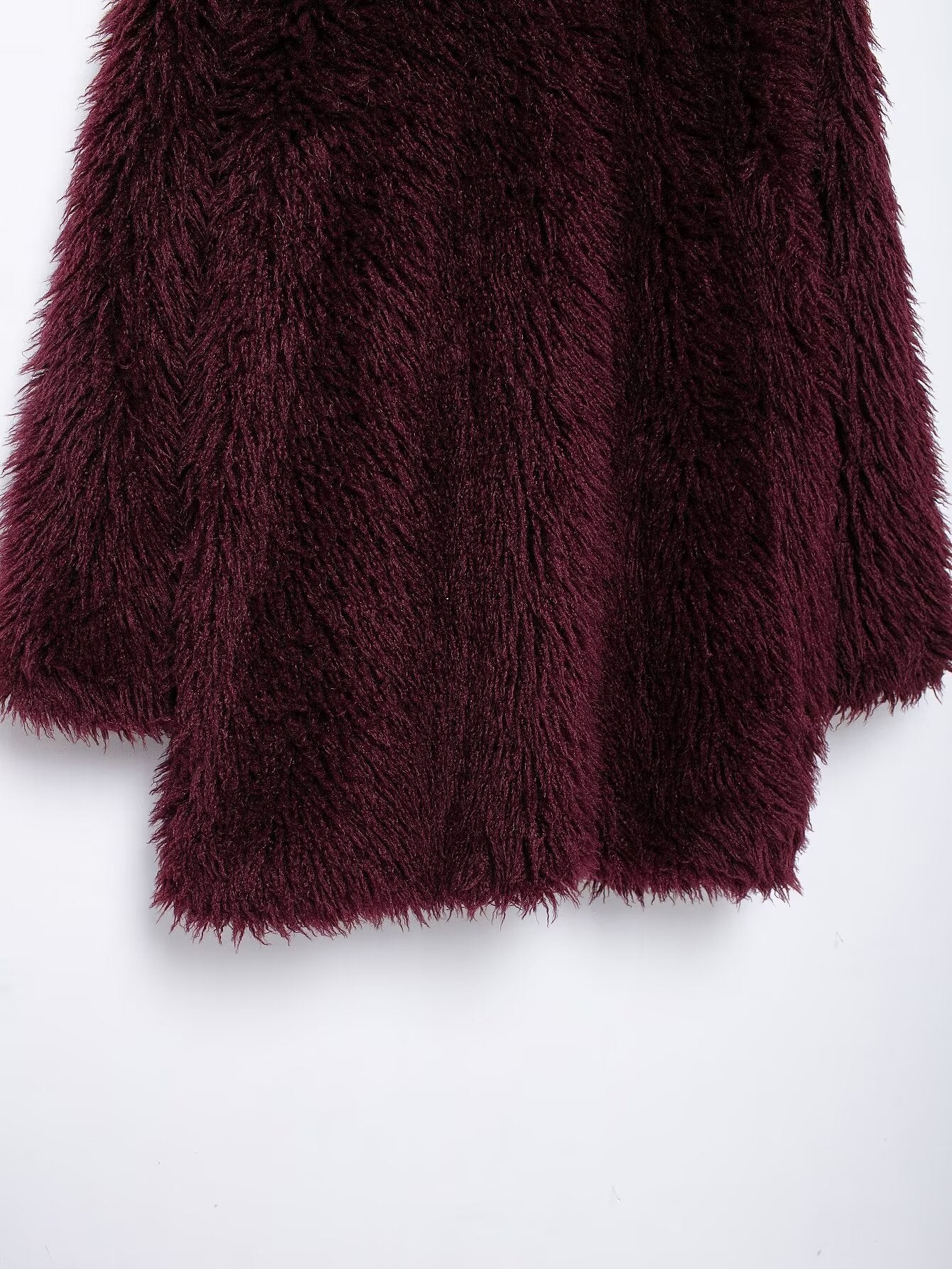 Luxurious dark red faux fur effect mid-length coat showcasing fashionable long-sleeve design