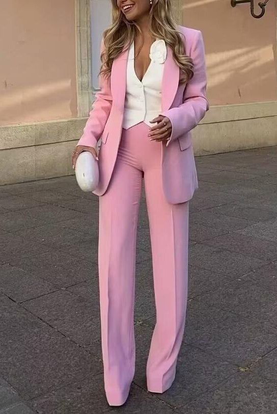 Pastel pink Langry fashion blazer with tuxedo collar and high-waist trousers