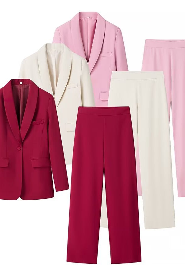 Langry fashion red and white pants suit with tuxedo collar blazer and high waist trousers