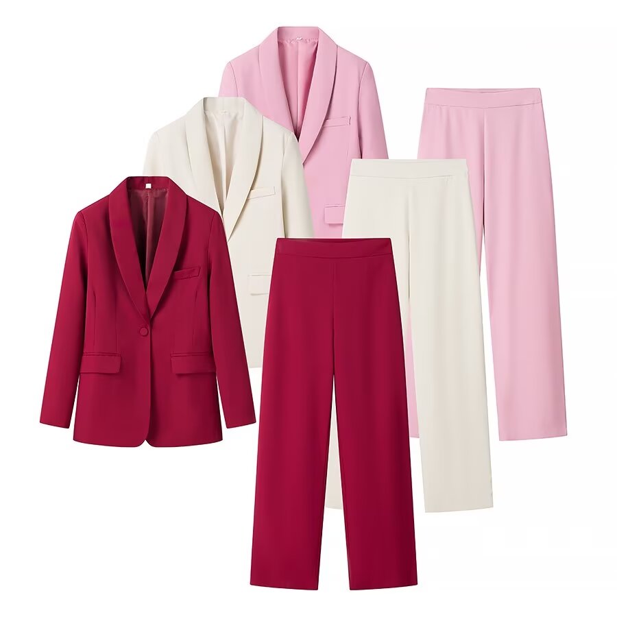 Langry fashion red and white pants suit with tuxedo collar blazer and high waist trousers