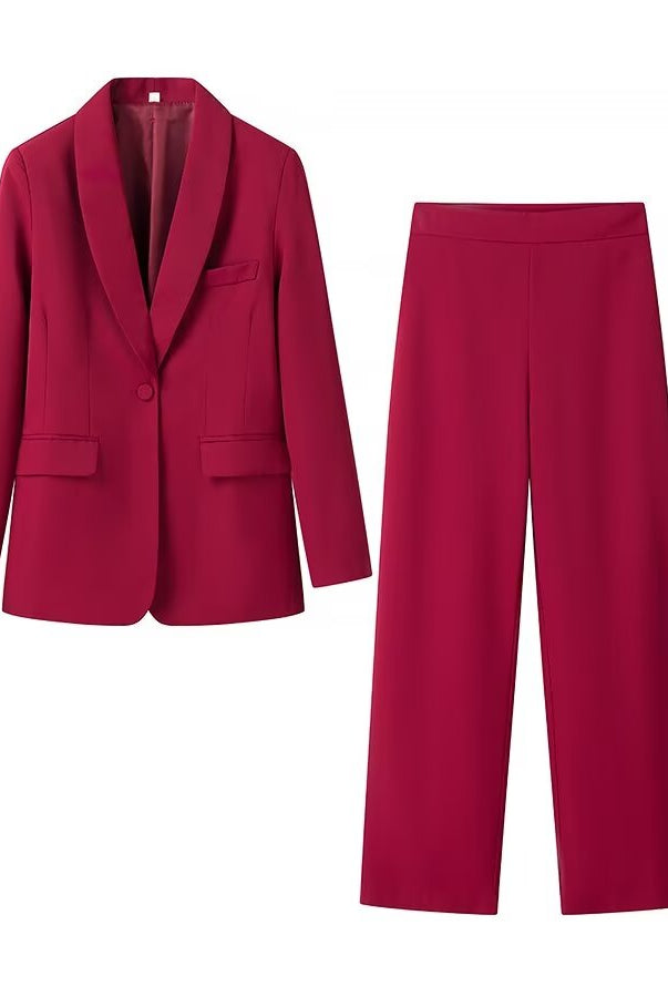 Langry fashion ملابس: wine tuxedo collar blazer with high-waist wide-leg pants