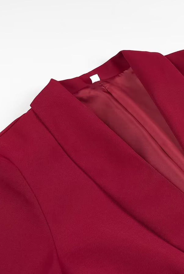 Langry fashion wine-colored draped dress with sheer neckline and tuxedo collar