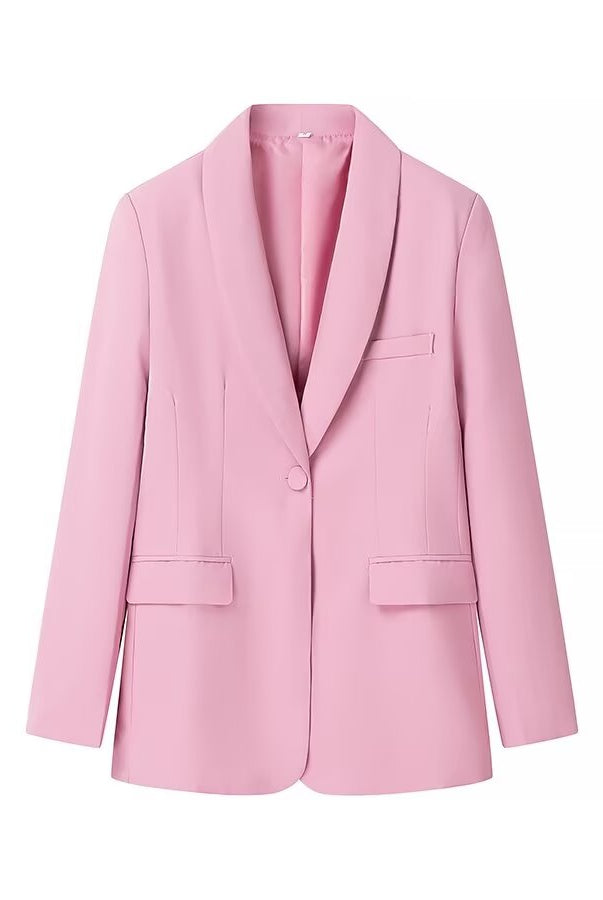 Pink Langry fashion blazer with tuxedo collar and single button pocket detail