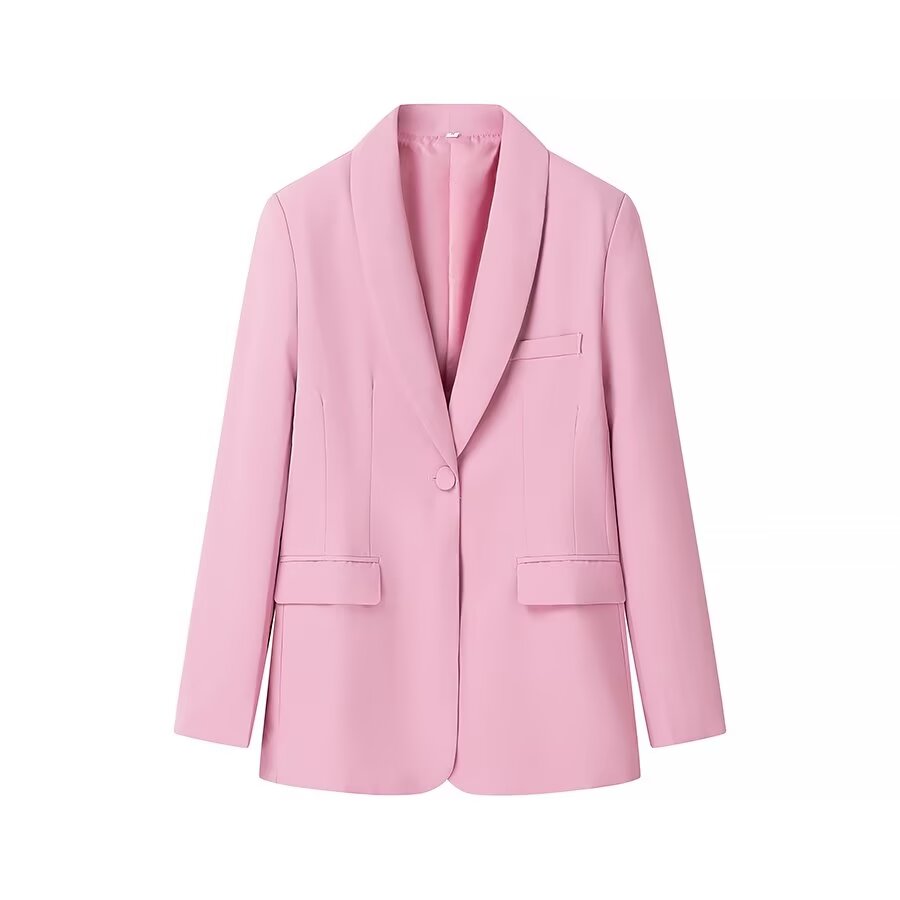 Pink Langry fashion blazer with tuxedo collar and single button pocket detail