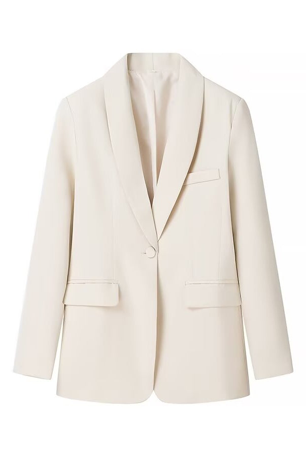 Langry cream-colored tuxedo collar blazer with single button and pocket detail