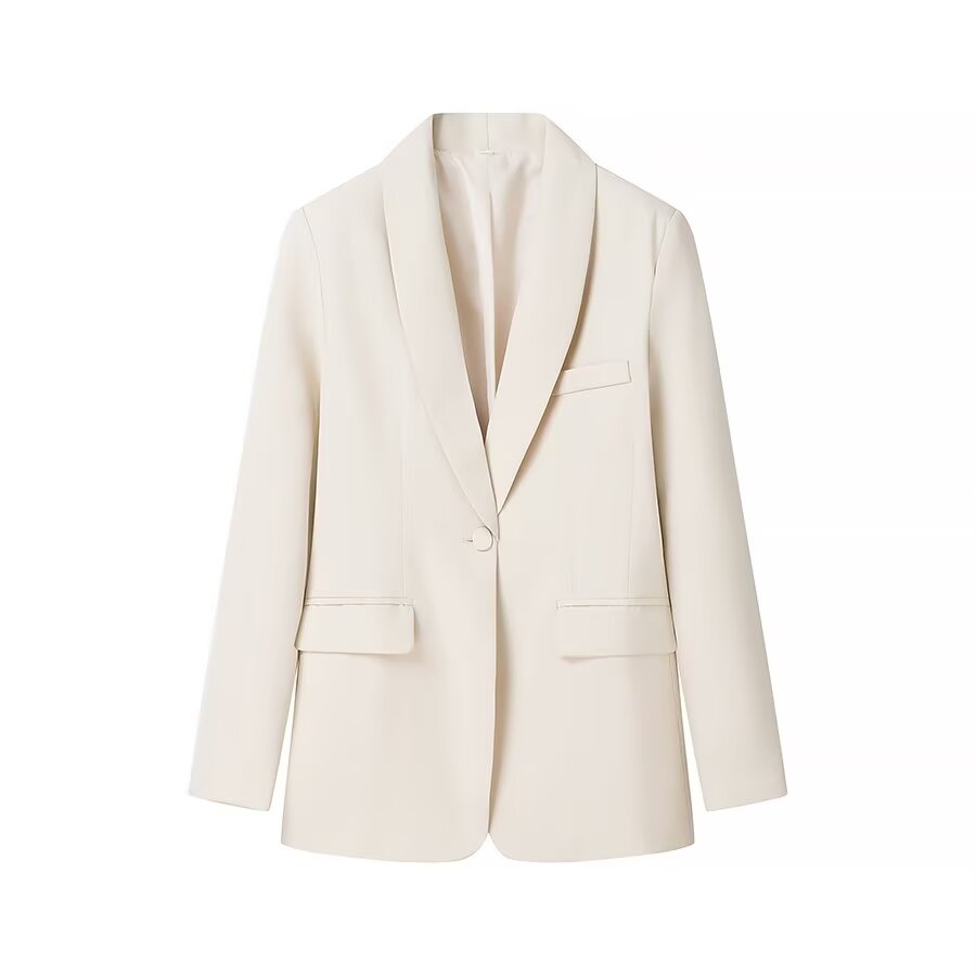 Langry cream-colored tuxedo collar blazer with single button and pocket detail