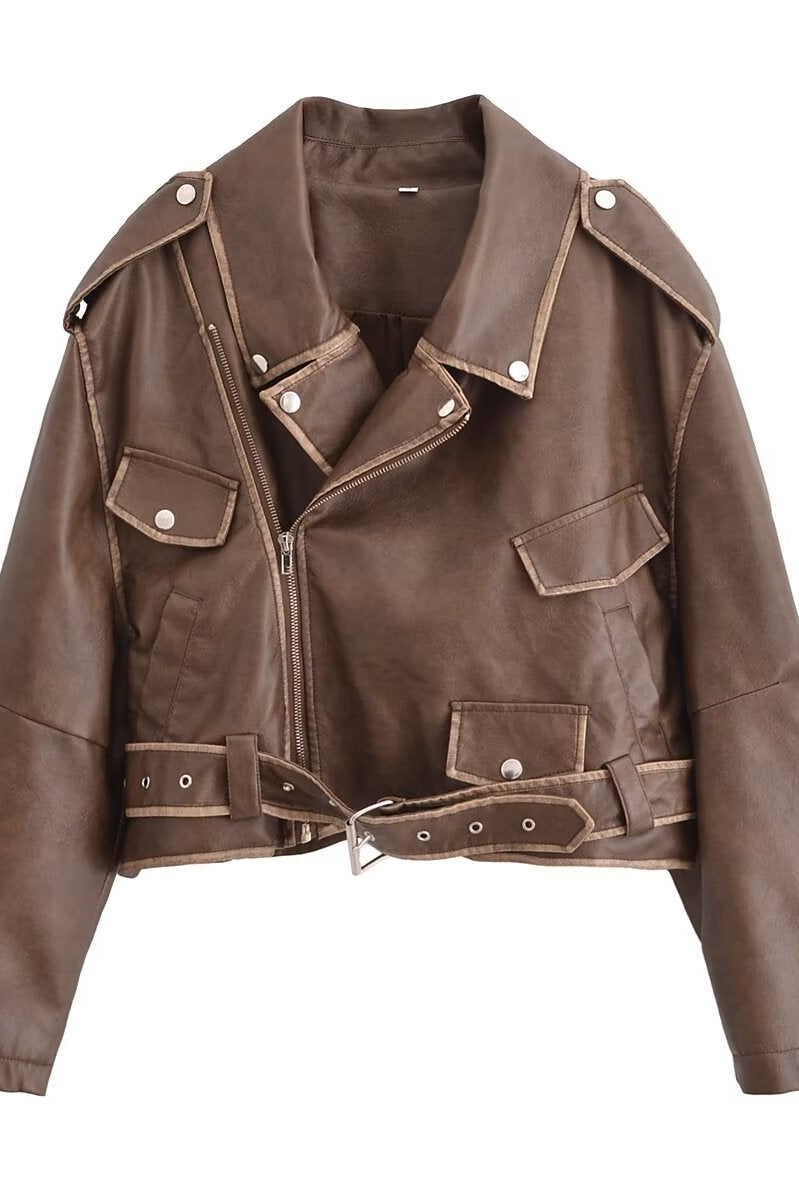 Winter Street faux leather motorcycle jacket in brown with silver hardware and pockets