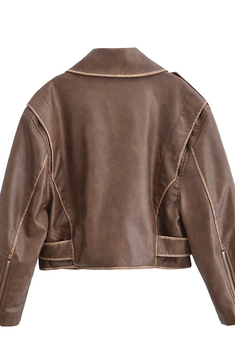 Winter Street faux leather motorcycle jacket in brown with double-breasted front and zipper details