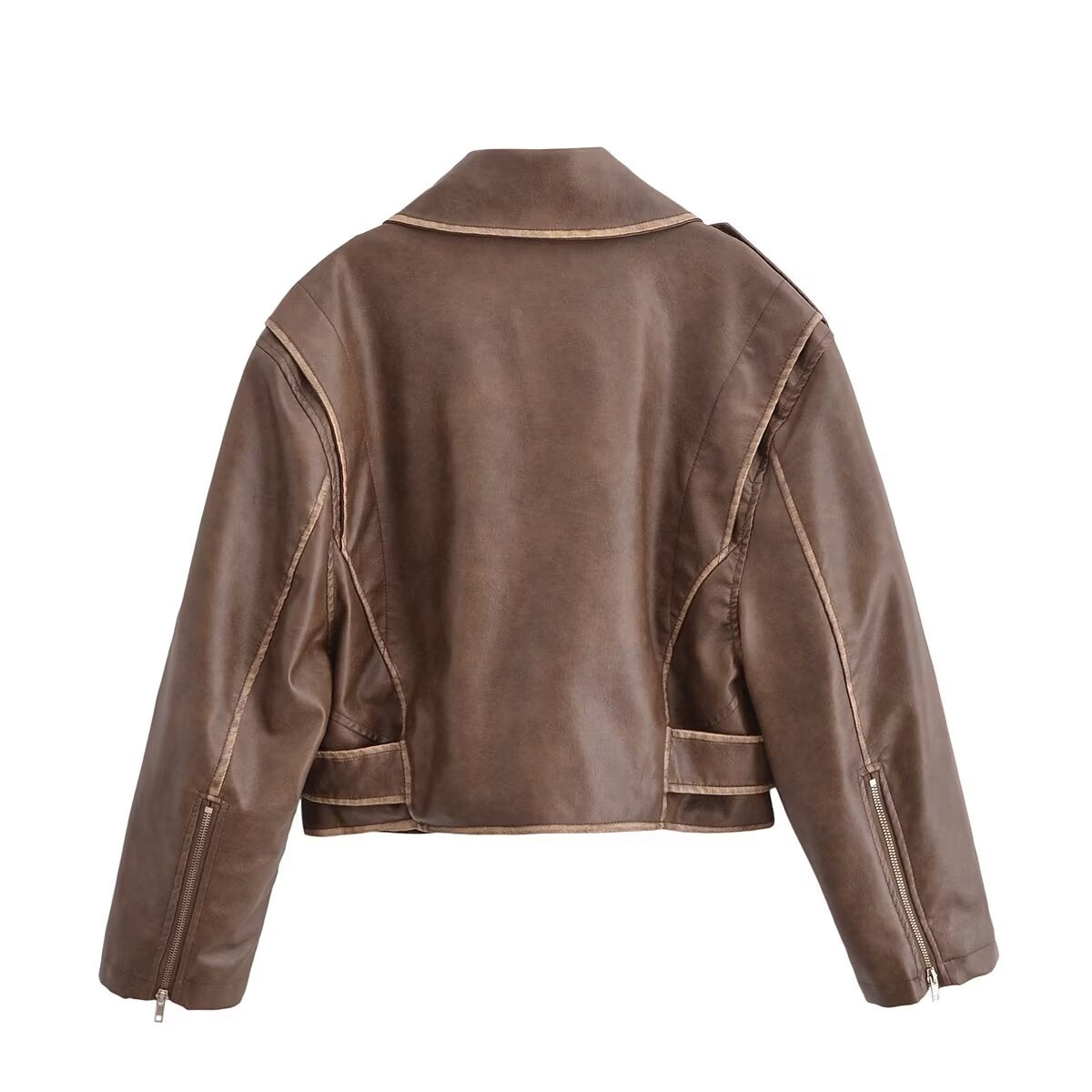 Winter Street faux leather motorcycle jacket in brown with double-breasted front and zipper details