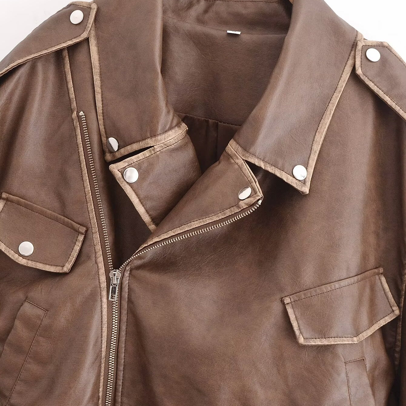 Winter Street faux leather motorcycle jacket in brown with silver hardware