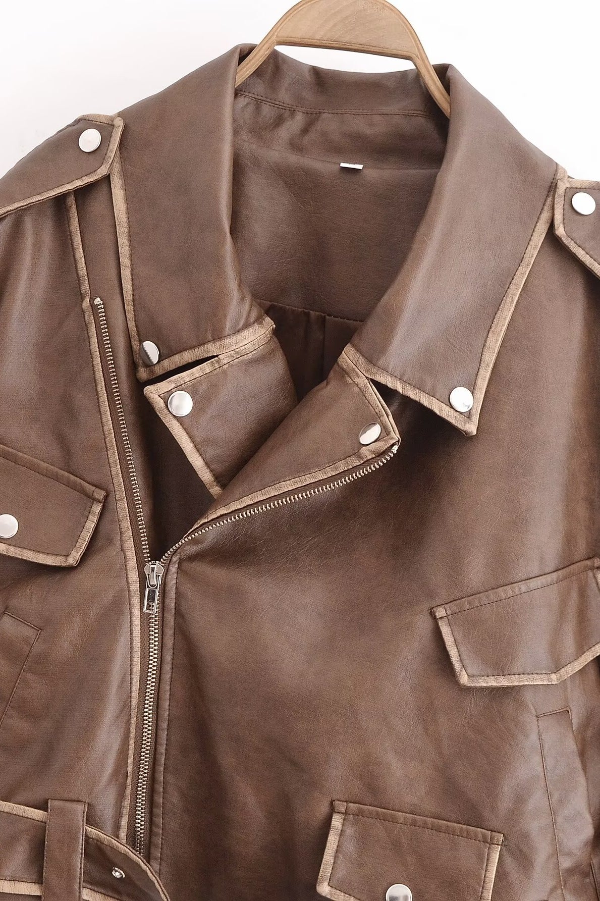 Winter Street faux leather motorcycle jacket in brown with silver hardware