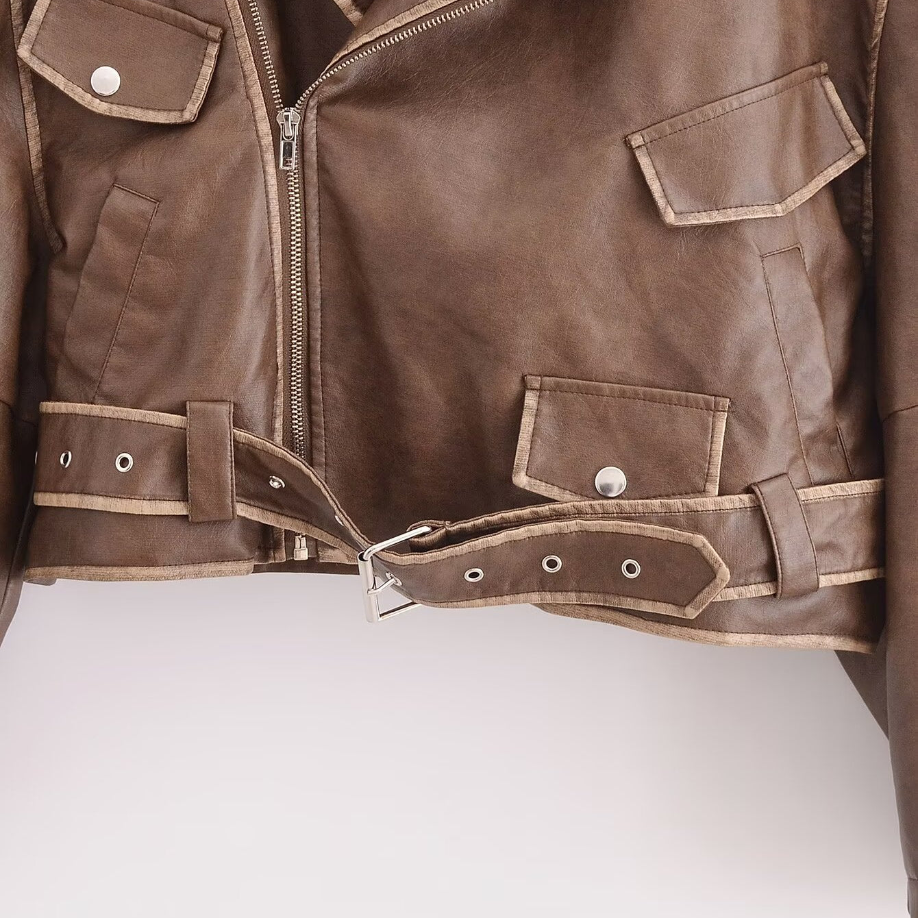 Winter Street faux leather motorcycle jacket in brown with pockets and silver hardware