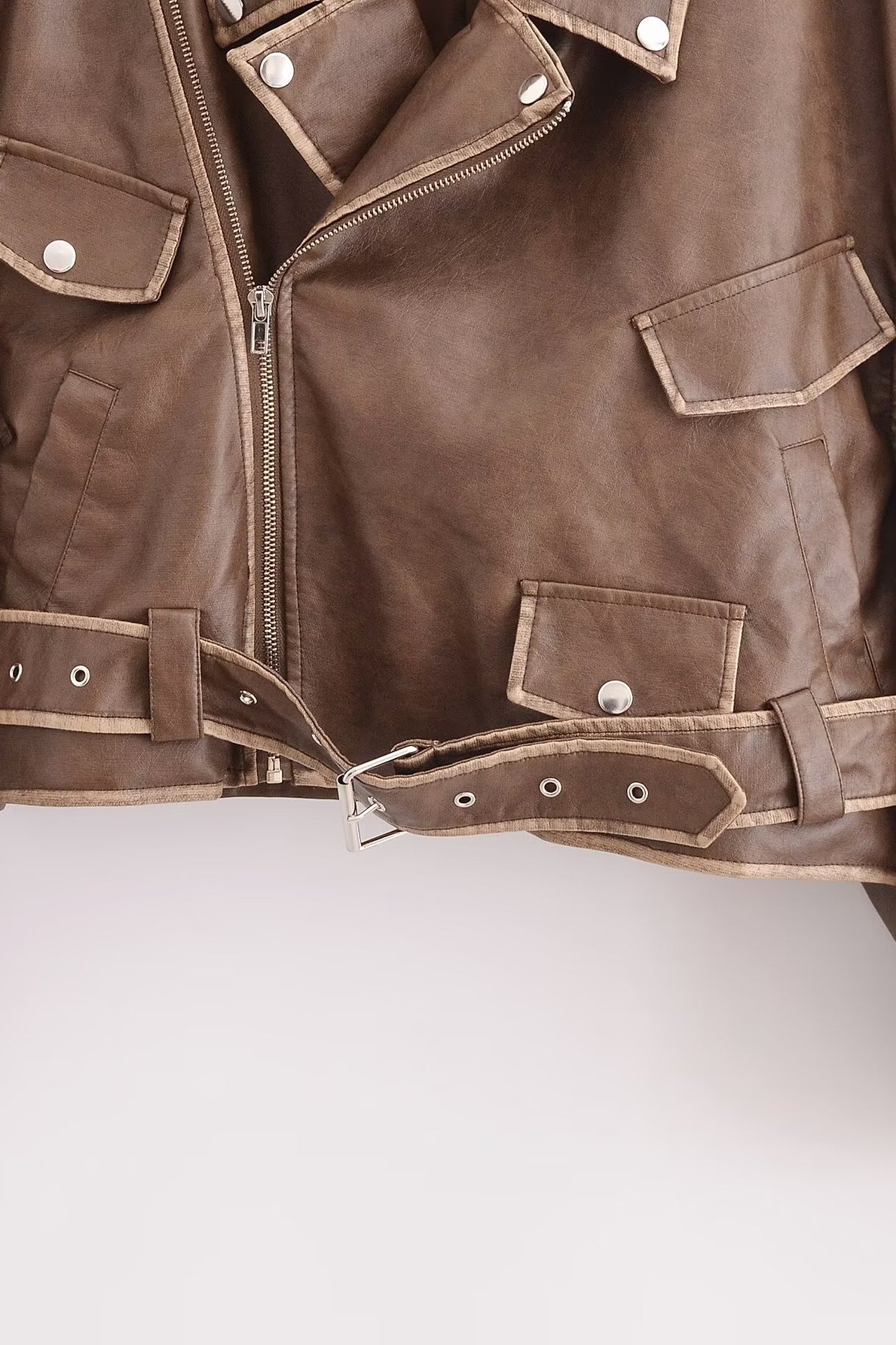Winter Street faux leather motorcycle jacket in brown with pockets and silver hardware