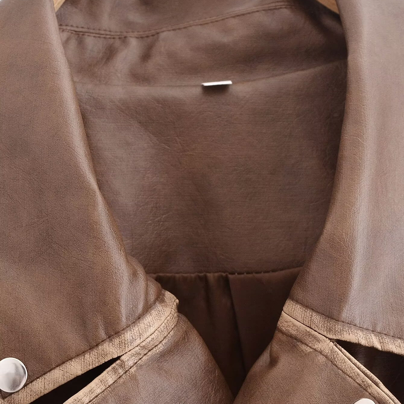 Winter Street faux leather motorcycle jacket in brown with silver hardware