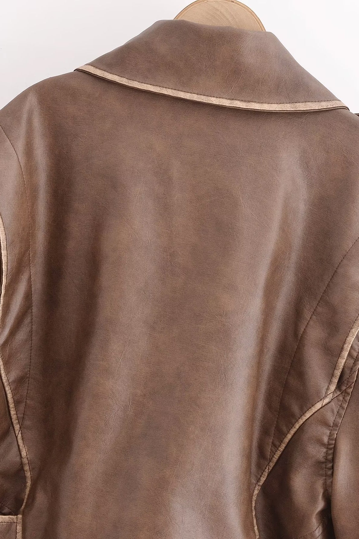Winter Street faux leather motorcycle jacket in brown with beige stitching