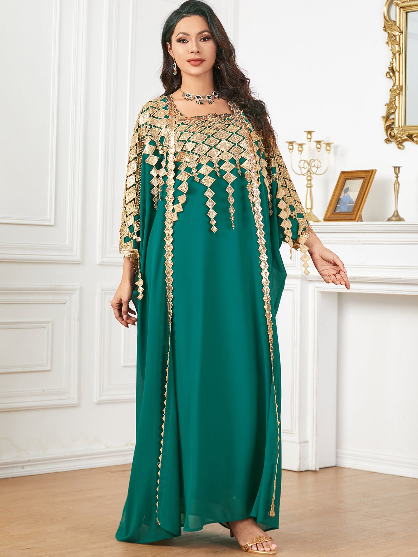 Emerald green langry fashion kaftan with gold embroidery and sheer sleeves