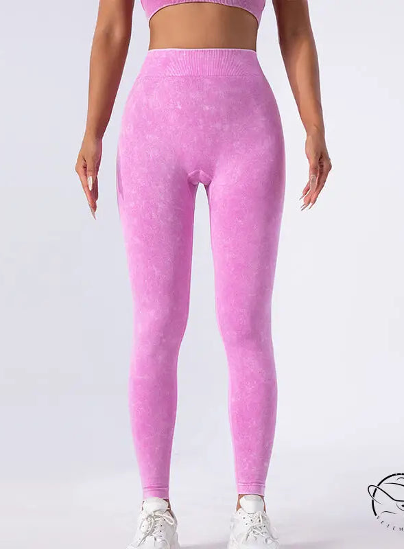 Pink washed seamless yoga trousers with high-waisted athletic leggings
