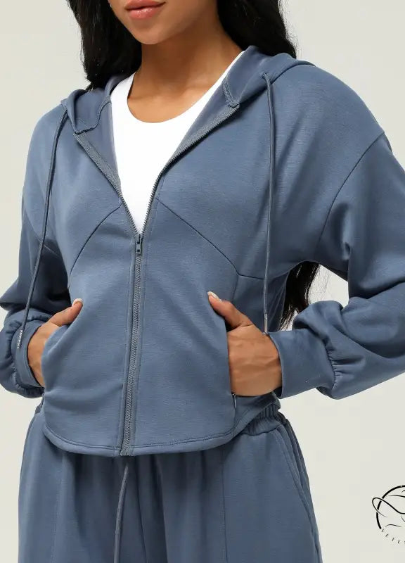 Blue hooded zip-up casual cardigan sweater
