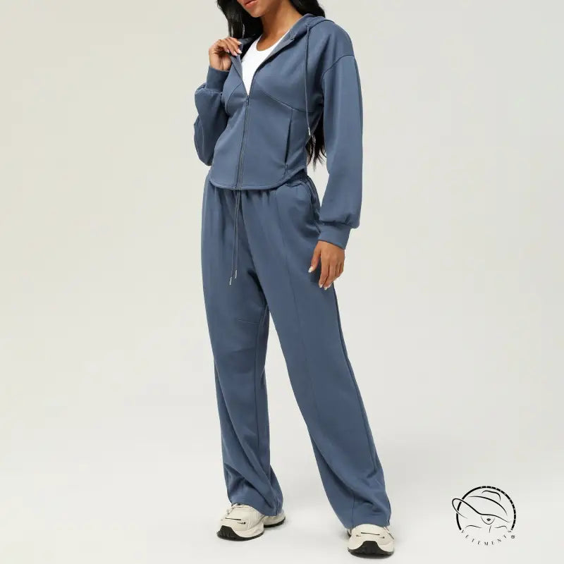 Blue loose hooded coat and casual sweatpants tracksuit outfit