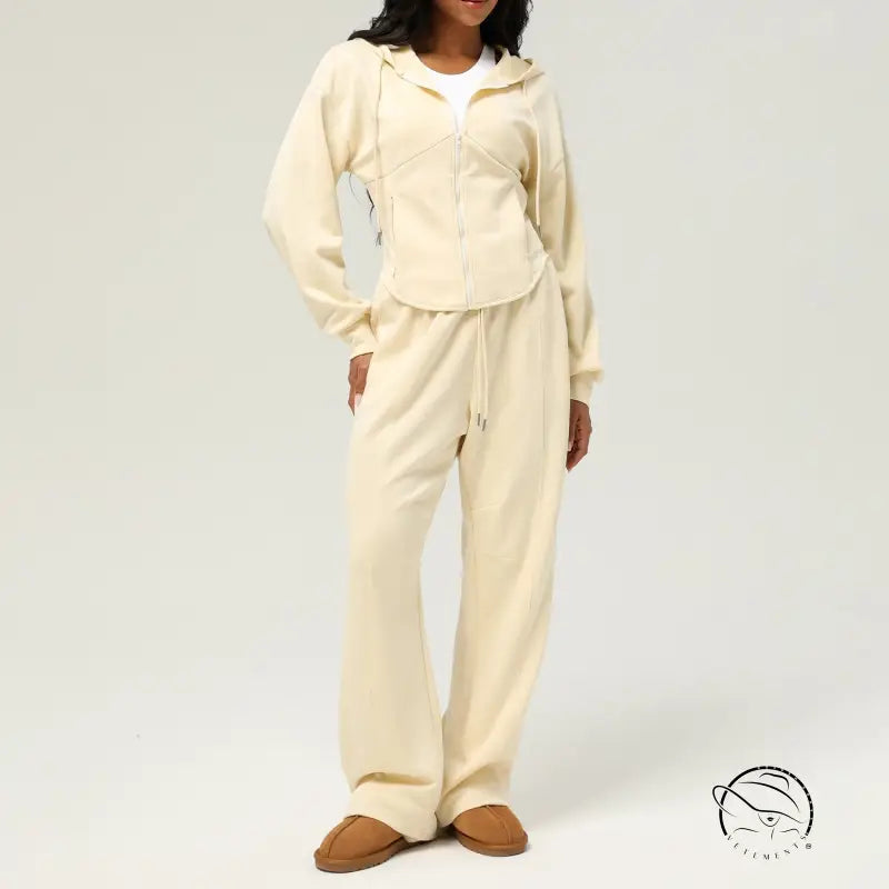 Cream-colored velour loose hooded coat with casual sweatpants