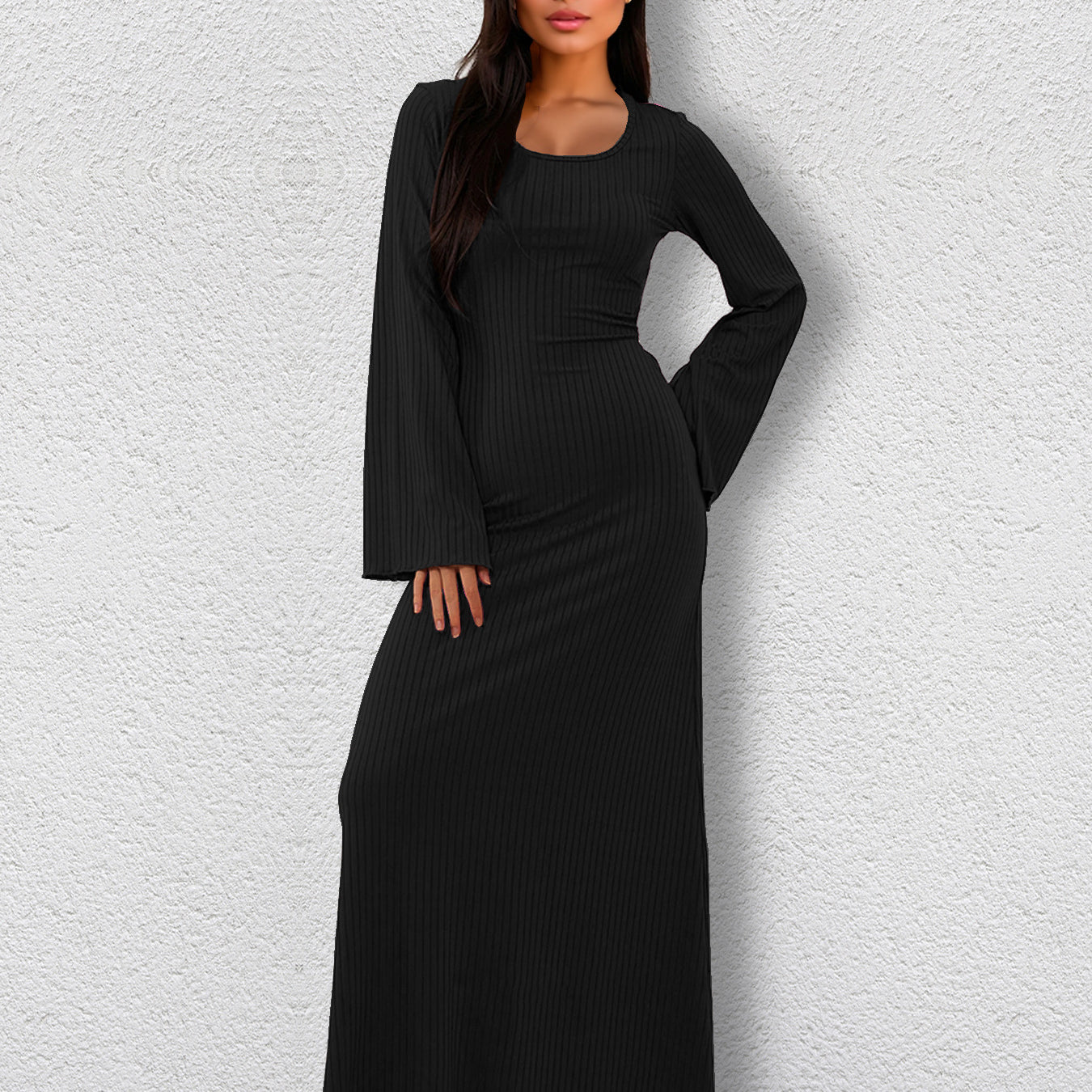 Elegant black long-sleeved maxi dress from the Langry fashion collection featuring ملابس