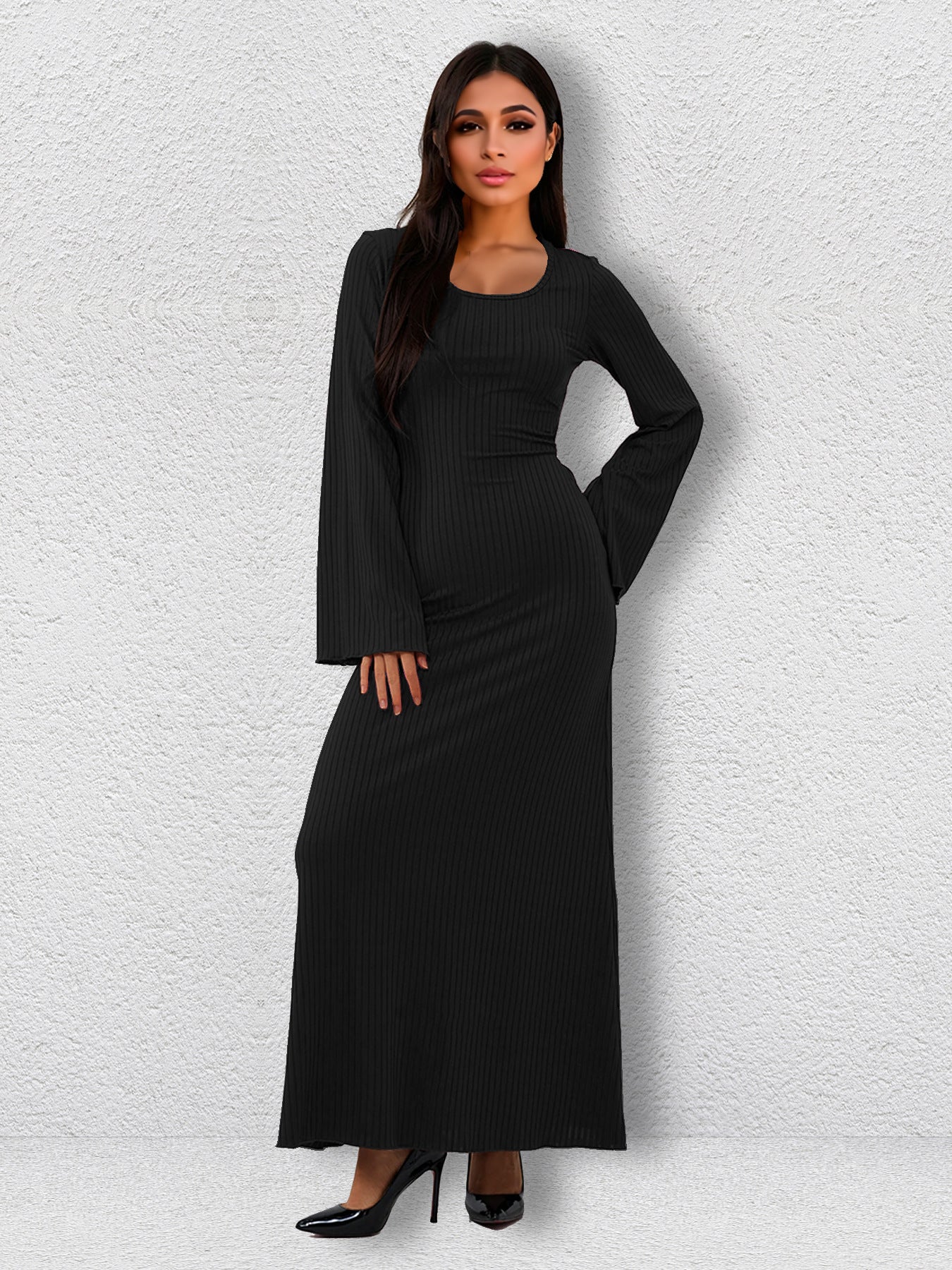 Elegant black long-sleeved maxi dress from the Langry fashion collection featuring ملابس